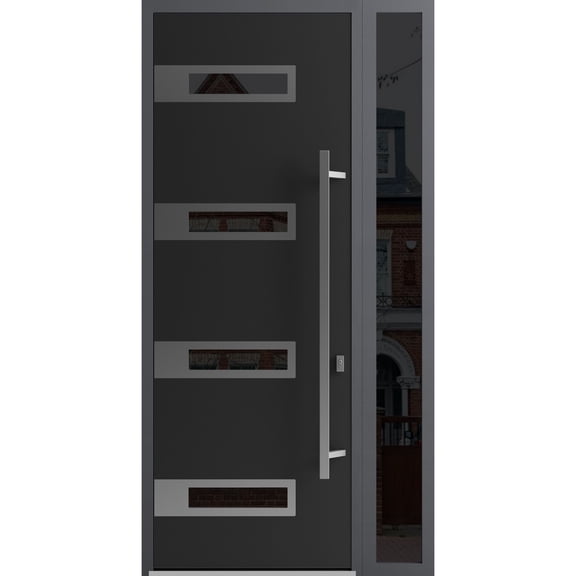 Front Exterior Prehung Steel Door / Ronex 0131 Black Enamel / Side Exterior Window Sidelite / Stainless Inserts Entry Metal Modern Painted W36+16x96 Left-hand