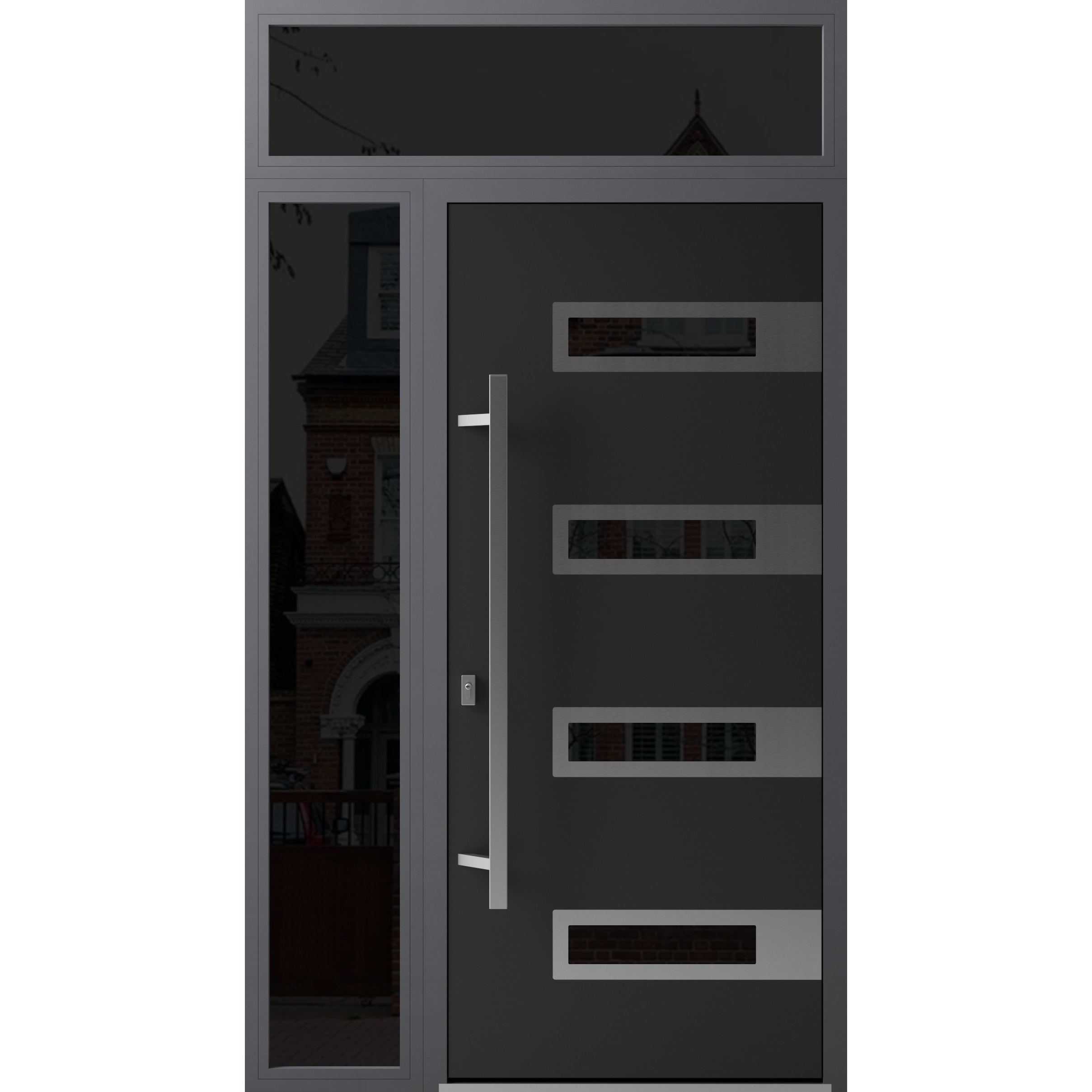 Modern Black Metal Double Door with Sidelites and Tinted Glass
