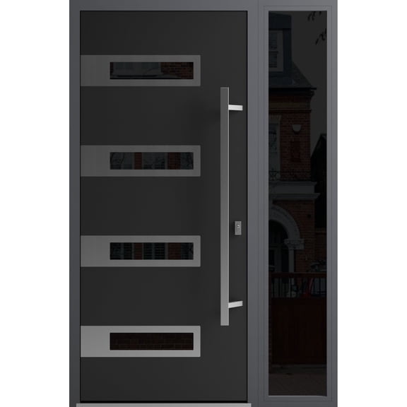 Front Exterior Prehung Steel Door / Ronex 0131 Black Enamel / Side Exterior Window Sidelite / Stainless Inserts Entry Metal Modern Painted W36+12" x H80" Left hand Inswing