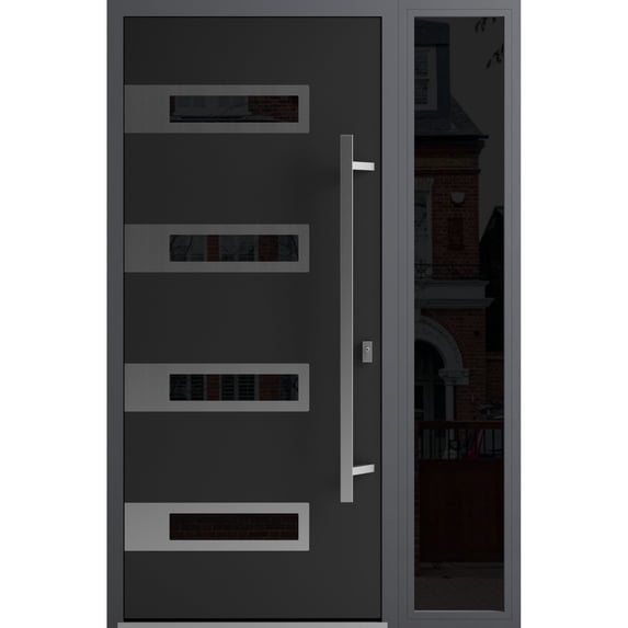 Front Exterior Prehung Steel Door / Ronex 0131 Black Enamel / Side Exterior Window Sidelite / Stainless Inserts Entry Metal Modern Painted W36+14" x H80" Left hand Inswing