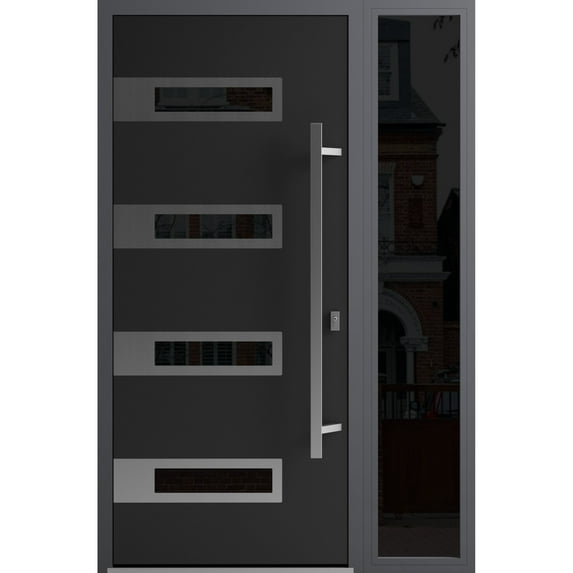 Front Exterior Prehung Steel Door / Ronex 0131 Black Enamel / Side Exterior Window Sidelite / Stainless Inserts Entry Metal Modern Painted W36+16" x H80" Left hand Inswing