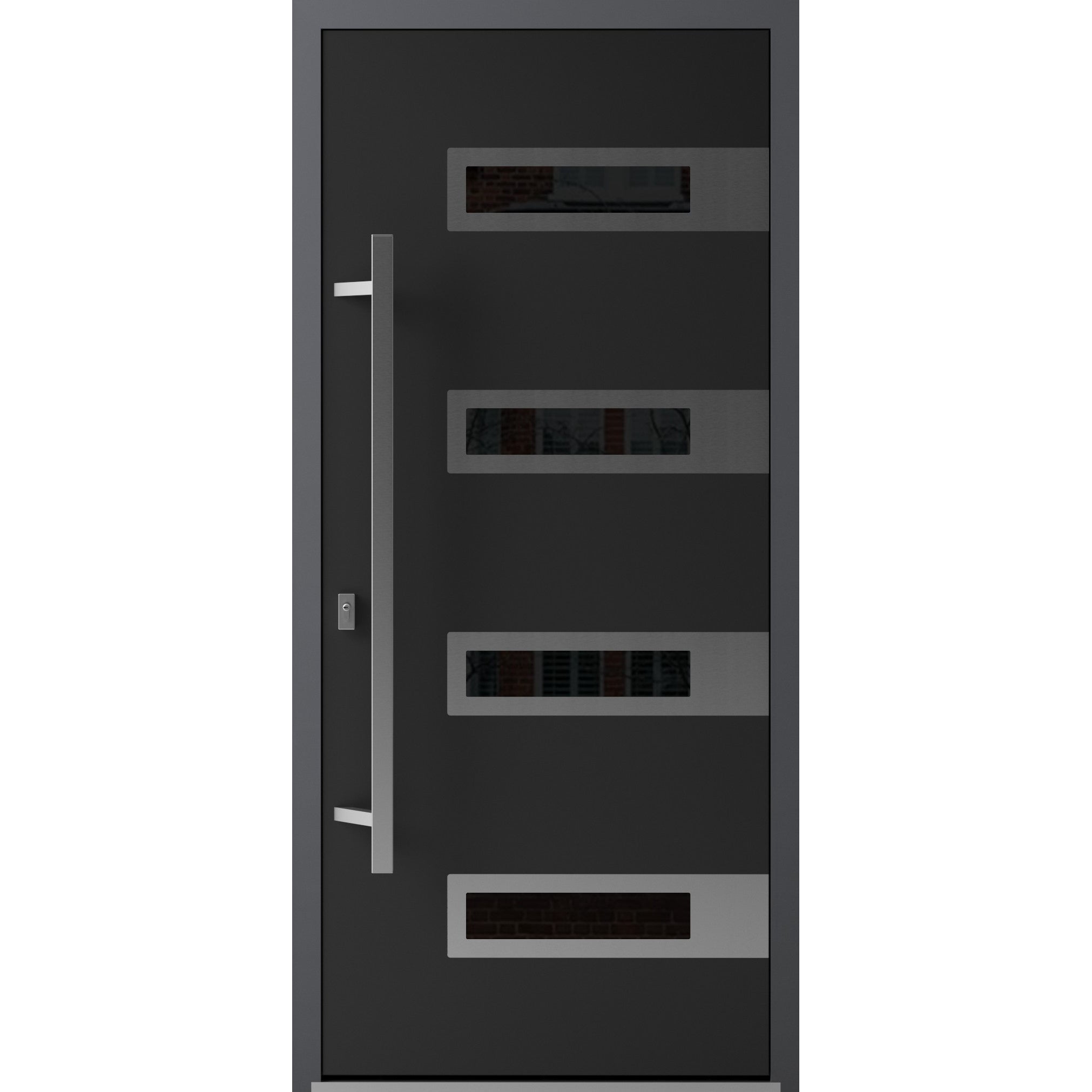 Front Exterior Prehung Steel Door / Ronex 0131 Black Enamel / Stainless Inserts Entry Metal Modern Painted Right hand Inswing | Sample of Door Color