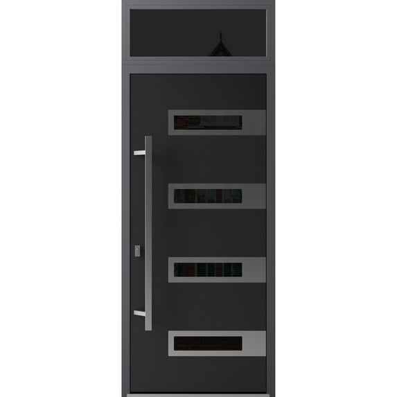 Front Exterior Prehung Steel Door / Ronex 0131 Black Enamel / Top Exterior Window Sidelite / Stainless Inserts Entry Metal Modern Painted W36" x H80+16" Right hand Inswing