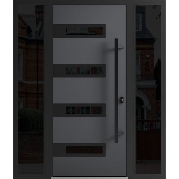 Front Exterior Prehung Steel Door / Ronex 0131 Grey / 2 Side Exterior Windows Sidelites/ Entry Metal Modern Painted W14+36+14" x H80" Left hand Inswing