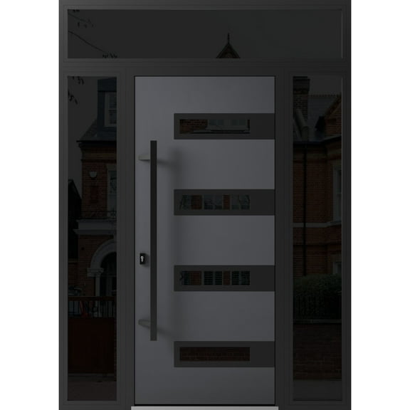 Front Exterior Prehung Steel Door / Ronex 0131 Grey / 2 Side and Top Exterior Window Sidelite / Entry Metal Modern Painted W16 36 16" x H80 16" Right hand Inswing