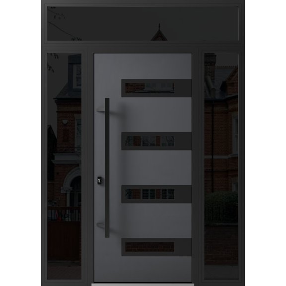 Front Exterior Prehung Steel Door / Ronex 0131 Grey / 2 Side and Top Exterior Window Sidelite / Entry Metal Modern Painted W14+36+14" x H80+16" Right hand Inswing