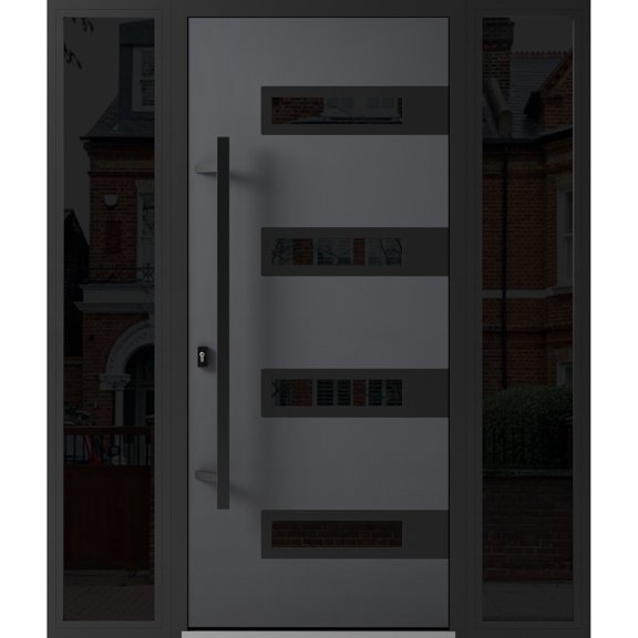 Front Exterior Prehung Steel Door / Ronex 0131 Grey / 2 Side Exterior Windows Sidelites/ Entry Metal Modern Painted W14+36+14" x H80" Right hand Inswing