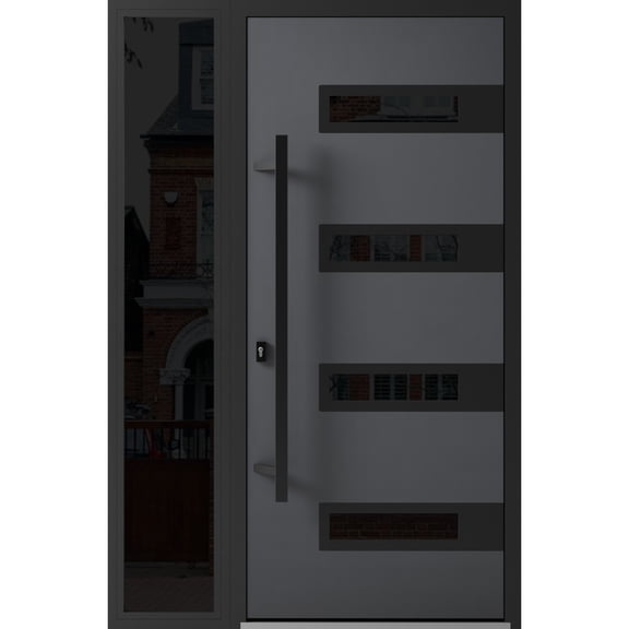 Front Exterior Prehung Steel Door / Ronex 0131 Grey / Side Exterior Window Sidelite / Entry Metal Modern Painted W36+12" x H80" Right hand Inswing