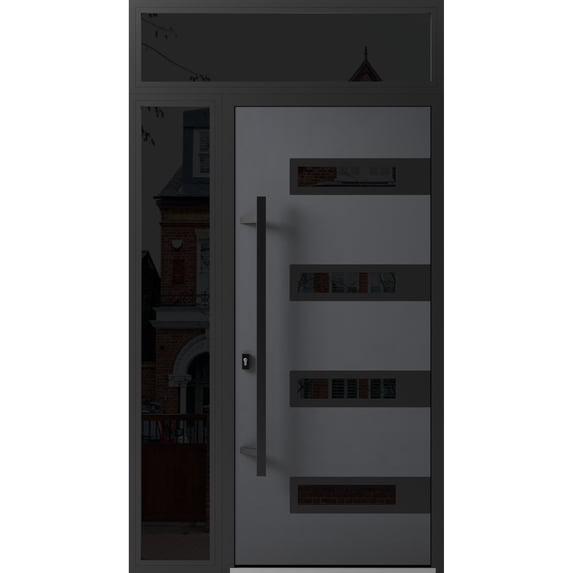 Front Exterior Prehung Steel Door / Ronex 0131 Grey / Side and Top Exterior Window Sidelite / Entry Metal Modern Painted W36+14" x H80+16" Right hand Inswing
