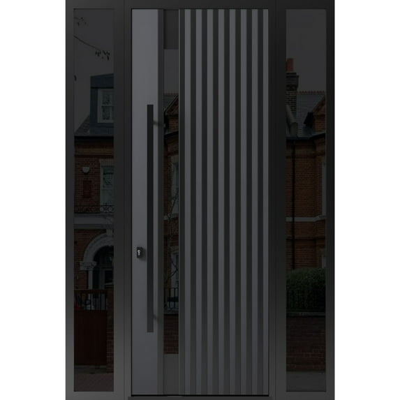 Front Exterior Prehung Steel Door / Ronex 0144 Grey / 2 Side Exterior Windows Sidelites/ Entry Metal Modern Painted W16+36+16x96 Right-hand