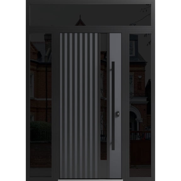 Front Exterior Prehung Steel Door / Ronex 0144 Grey / 2 Side and Top Exterior Window Sidelite / Entry Metal Modern Painted W16 36 16" x H80 16" Left hand Inswing