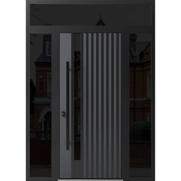 Front Exterior Prehung Steel Door / Ronex 0144 Grey / 2 Side and Top Exterior Window Sidelite / Entry Metal Modern Painted W12+36+12" x H80+16" Right hand Inswing