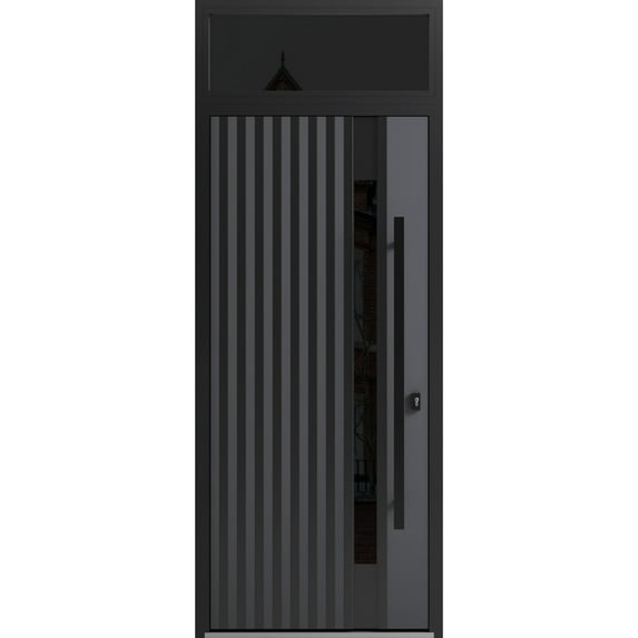 Front Exterior Prehung Steel Door / Ronex 0144 Grey / Top Exterior Window Sidelite / Entry Metal Modern Painted W36" x H80+16" Left hand Inswing