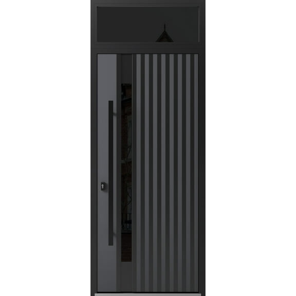 Front Exterior Prehung Steel Door / Ronex 0144 Grey / Top Exterior Window Sidelite / Entry Metal Modern Painted W36" x H80+16" Right hand Inswing