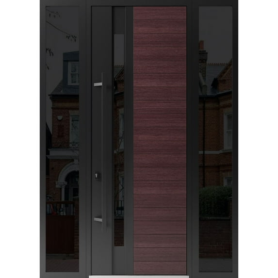 Front Exterior Prehung Steel Door / Ronex 0162 Red Oak / 2 Side Exterior Windows Sidelites/ Entry Metal Modern Painted W12+36+12x96 Right-hand