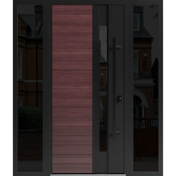 Front Exterior Prehung Steel Door / Ronex 0162 Red Oak / 2 Side Exterior Windows Sidelites/ Entry Metal Modern Painted W14 36 14" x H80" Left hand Inswing