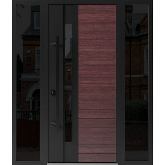 Front Exterior Prehung Steel Door / Ronex 0162 Red Oak / 2 Side Exterior Windows Sidelites/ Entry Metal Modern Painted W14+36+14" x H80" Right hand Inswing