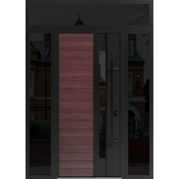 Front Exterior Prehung Steel Door / Ronex 0162 Red Oak / 2 Side and Top Exterior Window Sidelite / Entry Metal Modern Painted W14+36+14" x H80+16" Left hand Inswing