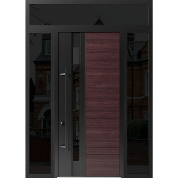 Front Exterior Prehung Steel Door / Ronex 0162 Red Oak / 2 Side and Top Exterior Window Sidelite / Entry Metal Modern Painted W16+36+16x96+16 Right-hand