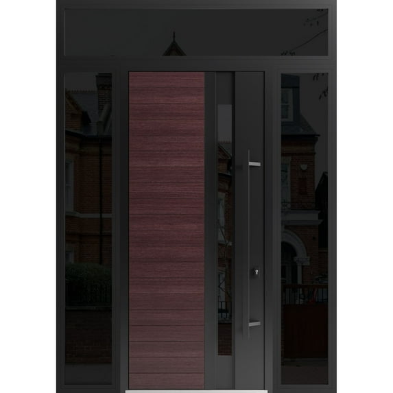 Front Exterior Prehung Steel Door / Ronex 0162 Red Oak / 2 Side and Top Exterior Window Sidelite / Entry Metal Modern Painted W12+36+12x96+16 Left-hand