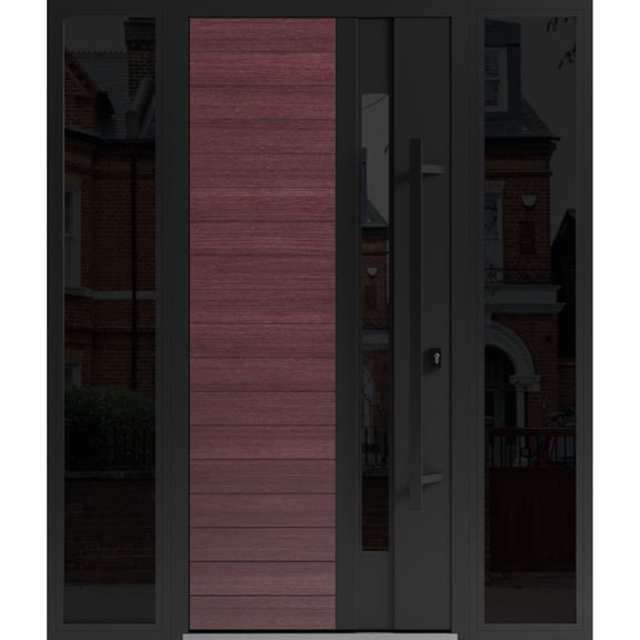 Front Exterior Prehung Steel Door / Ronex 0162 Red Oak / 2 Side Exterior Windows Sidelites/ Entry Metal Modern Painted W12+36+12" x H80" Left hand Inswing