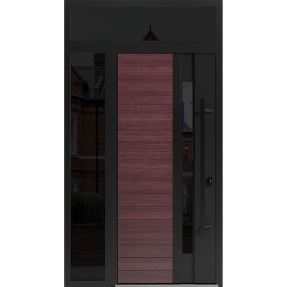 Front Exterior Prehung Steel Door / Ronex 0162 Red Oak / Side and Top Exterior Window Sidelite / Entry Metal Modern Painted W36+12" x H80+16" Left hand Inswing