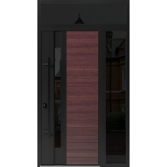 Front Exterior Prehung Steel Door / Ronex 0162 Red Oak / Side and Top Exterior Window Sidelite / Entry Metal Modern Painted W36+14" x H80+16" Right hand Inswing