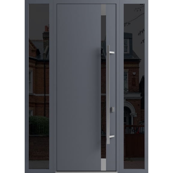 Front Exterior Prehung Steel Door Ronex 1011 Grey 2 Side Exterior Windows Sidelites Stainless Inserts Entry Metal Modern Painted 60" x 96" (W12+36+12" x H96") 3.69" Thick 1 Piece Left hand Inswing