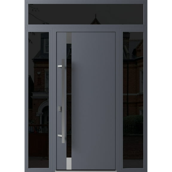 Front Exterior Prehung Steel Door / Ronex 1011 Grey / 2 Side and Top Exterior Window Sidelite / Stainless Inserts Entry Metal Modern Painted W12 36 12" x H80 16" Right hand Inswing