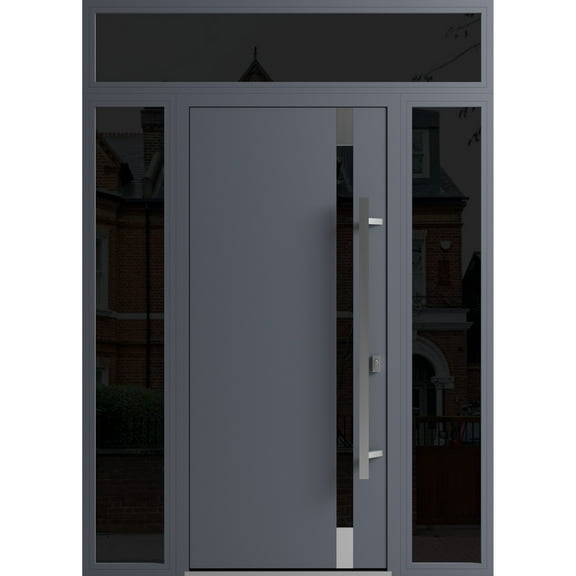 Front Exterior Prehung Steel Door / Ronex 1011 Grey / 2 Side and Top Exterior Window Sidelite / Stainless Inserts Entry Metal Modern Painted W14 36 14" x H80 16" Left hand Inswing