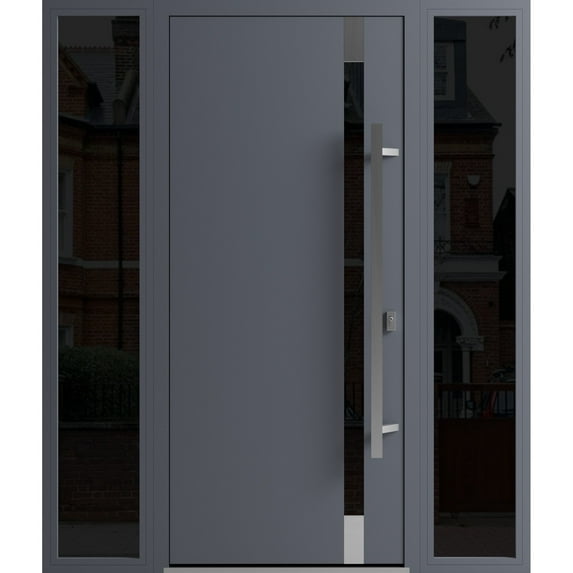 Front Exterior Prehung Steel Door / Ronex 1011 Grey / 2 Side Exterior Windows Sidelites/ Stainless Inserts Entry Metal Modern Painted W12+36+12" x H80" Left hand Inswing