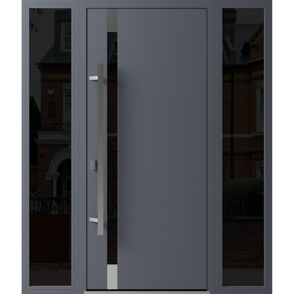 Front Exterior Prehung Steel Door / Ronex 1011 Grey / 2 Side Exterior Windows Sidelites/ Stainless Inserts Entry Metal Modern Painted W12+36+12" x H80" Right hand Inswing