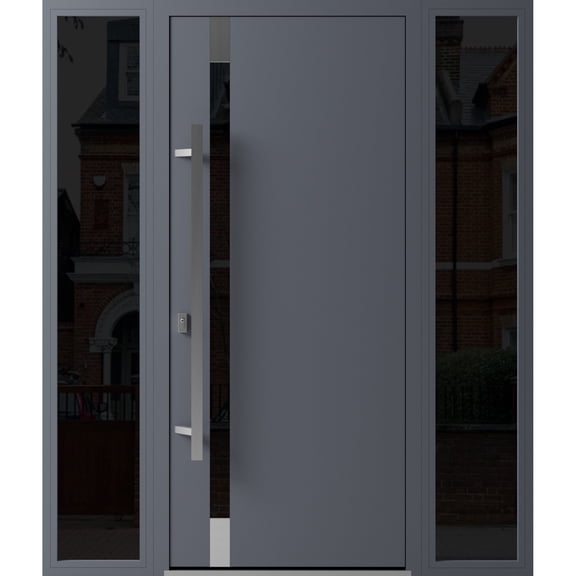 Front Exterior Prehung Steel Door / Ronex 1011 Grey / 2 Side Exterior Windows Sidelites/ Stainless Inserts Entry Metal Modern Painted W14+36+14" x H80" Right hand Inswing