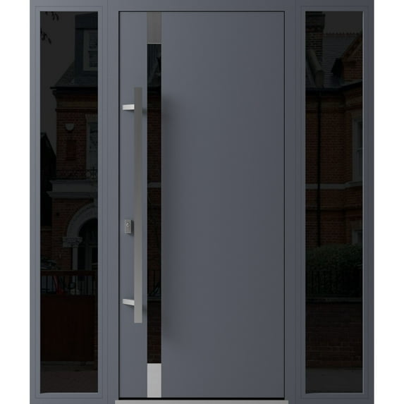 Front Exterior Prehung Steel Door / Ronex 1011 Grey / 2 Side Exterior Windows Sidelites/ Stainless Inserts Entry Metal Modern Painted W14+36+14" x H80" Right hand Inswing