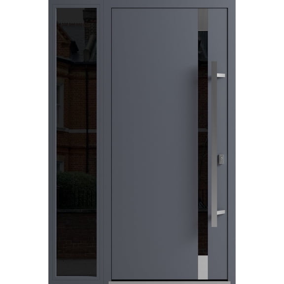 Front Exterior Prehung Steel Door / Ronex 1011 Grey / Side Exterior Window Sidelite / Stainless Inserts Entry Metal Modern Painted W36 16" x H80" Left hand Inswing