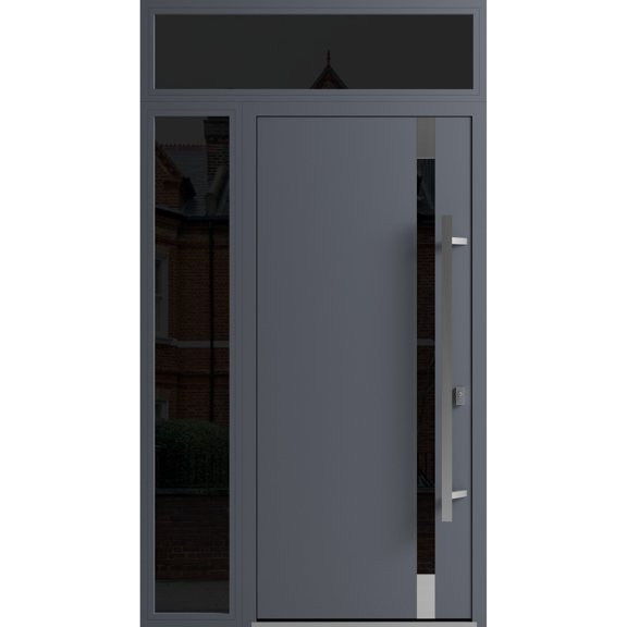 Front Exterior Prehung Steel Door / Ronex 1011 Grey / Side and Top Exterior Window Sidelite / Stainless Inserts Entry Metal Modern Painted W36+12" x H80+16" Left hand Inswing