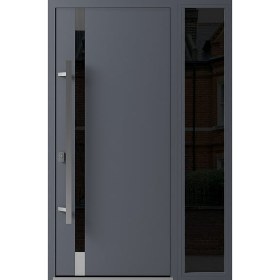 Front Exterior Prehung Steel Door / Ronex 1011 Grey / Side Exterior Window Sidelite / Stainless Inserts Entry Metal Modern Painted W36+14" x H80" Right hand Inswing