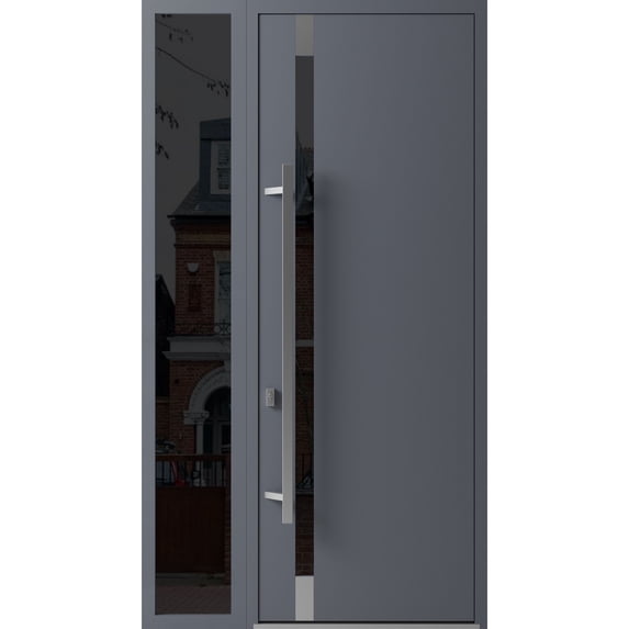 Front Exterior Prehung Steel Door / Ronex 1011 Grey / Side Exterior Window Sidelite / Stainless Inserts Entry Metal Modern Painted W36+14x96 Right-hand
