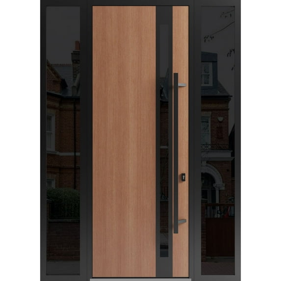 Front Exterior Prehung Steel Door / Ronex 1033 Teak / 2 Side Exterior Windows Sidelites/ Entry Metal Modern Painted W12+36+12x96 Left-hand