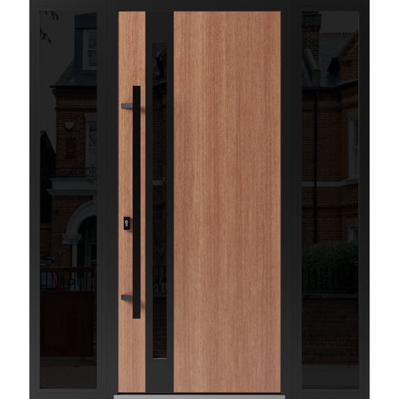 Front Exterior Prehung Steel Door / Ronex 1033 Teak / 2 Side Exterior Windows Sidelites/ Entry Metal Modern Painted W14+36+14" x H80" Right hand Inswing