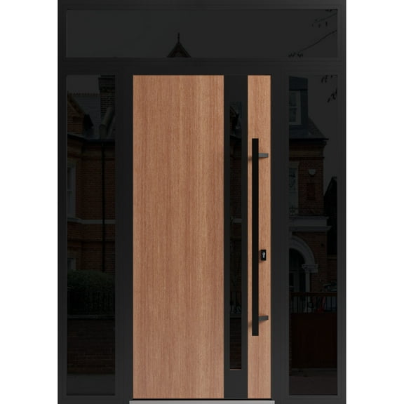 Front Exterior Prehung Steel Door / Ronex 1033 Teak / 2 Side and Top Exterior Window Sidelite / Entry Metal Modern Painted W16 36 16" x H80 16" Left hand Inswing