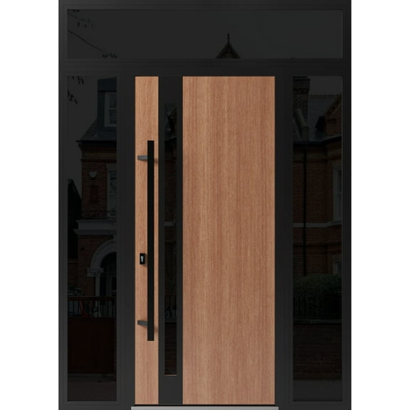 Front Exterior Prehung Steel Door / Ronex 1033 Teak / 2 Side and Top Exterior Window Sidelite / Entry Metal Modern Painted W14+36+14" x H80+16" Right hand Inswing
