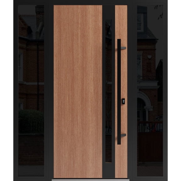 Front Exterior Prehung Steel Door / Ronex 1033 Teak / 2 Side Exterior Windows Sidelites/ Entry Metal Modern Painted W14+36+14" x H80" Left hand Inswing