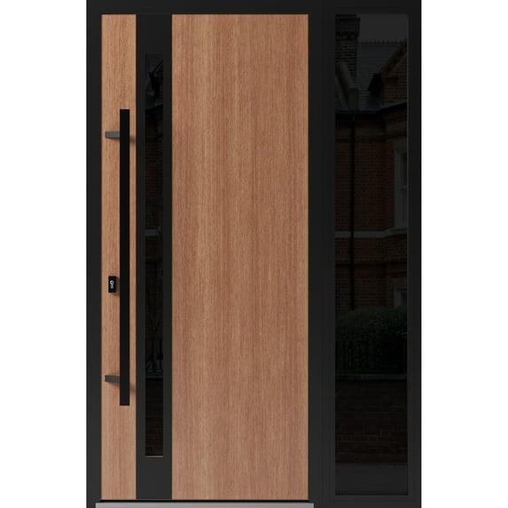 Front Exterior Prehung Steel Door / Ronex 1033 Teak / Side Exterior Window Sidelite / Entry Metal Modern Painted W36+12" x H80" Right hand Inswing