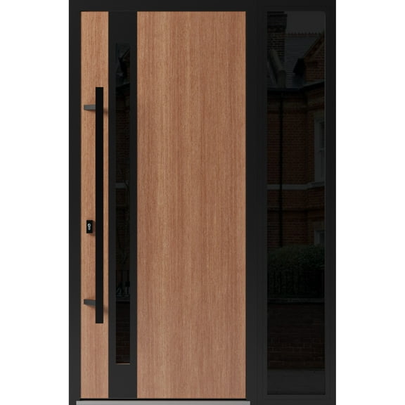 Front Exterior Prehung Steel Door / Ronex 1033 Teak / Side Exterior Window Sidelite / Entry Metal Modern Painted W36+12" x H80" Right hand Inswing