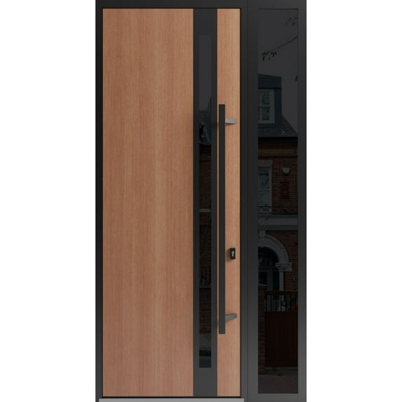 Front Exterior Prehung Steel Door / Ronex 1033 Teak / Side Exterior Window Sidelite / Entry Metal Modern Painted W36+12x96 Left-hand