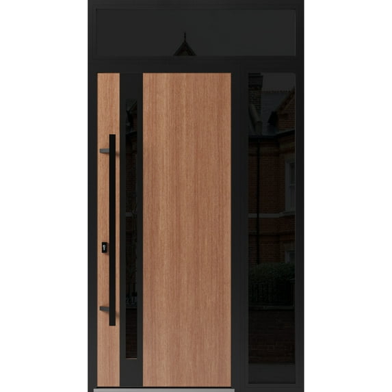 Front Exterior Prehung Steel Door / Ronex 1033 Teak / Side and Top Exterior Window Sidelite / Entry Metal Modern Painted W36+16" x H80+16" Right hand Inswing