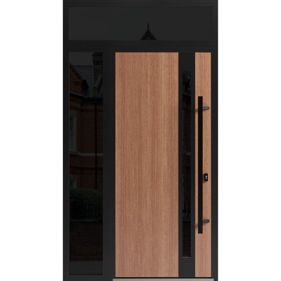 Front Exterior Prehung Steel Door / Ronex 1033 Teak / Side and Top Exterior Window Sidelite / Entry Metal Modern Painted W36+16" x H80+16" Left hand Inswing