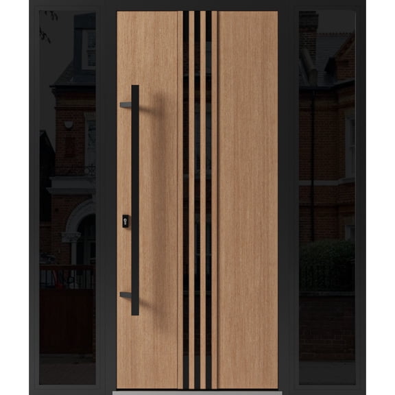 Front Exterior Prehung Steel Door / Ronex 1055 Teak / 2 Side Exterior Windows Sidelites/ Entry Metal Modern Painted W16+36+16" x H80" Right hand Inswing