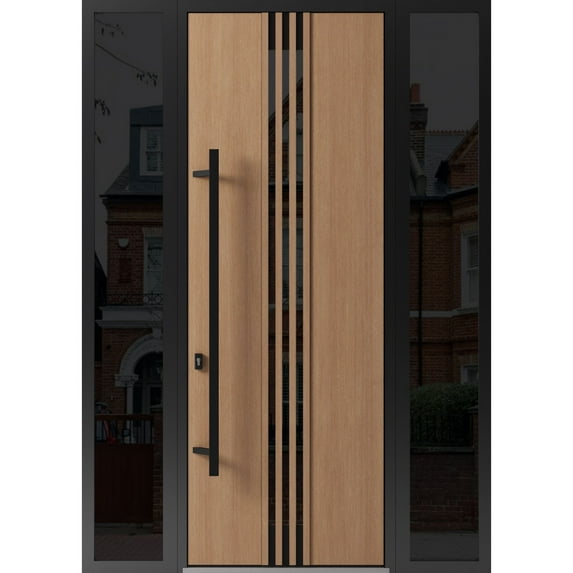 Front Exterior Prehung Steel Door / Ronex 1055 Teak / 2 Side Exterior Windows Sidelites/ Entry Metal Modern Painted W16+36+16x96 Right-hand